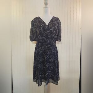 DKNY Women's Navy Chiffon Tie Waist Embroidered Flower Dress Size 16